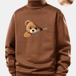 Zipper Bear Print Teddy Fleece Lined Turtle Neck Sweatshirt