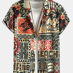 Palm Tree Turtle Ethnic Geometry Print Button Up Shirt