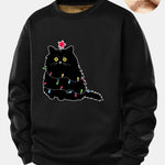 Christmas Lights Black Cat Print Teddy Fleece Lined Sweatshirt