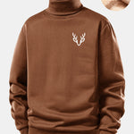 Head Deer Print Teddy Fleece Lined Turtle Neck Sweatshirt