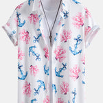 Coral Anchor Print Button Up Shirt