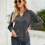 Zeagoo V Neck Tops Solid Color Blouse Long Sleeve Pullover Lace Patchwork Shirt