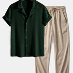 Short Sleeve Knitted Waffle Cuban Shirt & Crinkle Textured Straight Leg Pants
