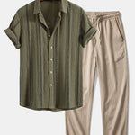 Geometric Striped Jacquard Button Up Shirt & Crinkle Textured Straight Leg Pants