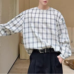 Oversized Collarless Plaid Loose Shirt