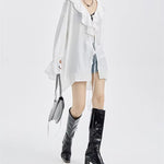 Large Ruffled V-neck And Tie-up Loose Shirt
