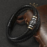 Buddha Stones Leather Layered Titanium Steel Balance Braided Bracelet