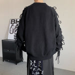 Solid Color Fringed Crew Neck Knitted Sweater