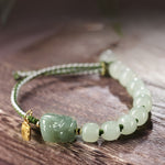 Buddha Stones Natural Hetian Jade PiXiu Luck Fu Character String Bracelet