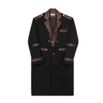 Knee-length Leather Collar Patchwork Coat