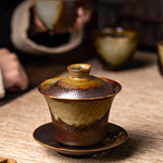 Buddha Stones Vintage Brown Kiln Change Design Porcelain Ceramic Gaiwan Sancai Teacup Kung Fu Tea Cup And Saucer With Lid