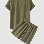 Men's solid color cotton-linen casual vacation short-sleeved shirt and shorts set
