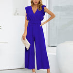 Zeagoo Women's Casual Loose Jumpsuit V Neck Sleeveless Solid Ruffle Pleated Wide-leg Long Playsuit with Belt