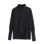 Women's Turtleneck Asymmetrical Wrap Front Paneled Long Sleeve T-shirt