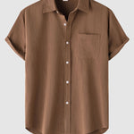 Men's Solid cotton casual lapel solid color short-sleeved shirt