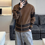 Contrast Striped Diagonal Zip-up Turtleneck Sweater