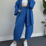 Zeagoo Women's Casual Loungewear Set Solid Color Loose Long Sleeve Kimono Cardigan and Pants