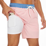2 In 1 Solid Color Drawstring Swim Shorts With Pocket