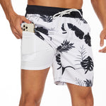 2 In 1 Tropical Leaves Print Swim Shorts
