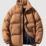 Men's Solid Faux Leather Dual Pocket Zip Stand Collar Padded Jacket