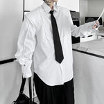 Tie-decorated Button-down Shoulder-padded Solid Color Shirt