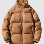 Men's Solid Faux Leather Dual Pocket Zip Stand Collar Padded Jacket
