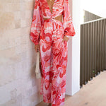 Zeagoo Women's Boho Floral Printed V Neck Lantern Long Sleeve Waist Cut Out Back Casual Jumpsuit Romper