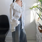 Padded Shoulder Ruffle Collar Loose Drape Shirt