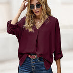 Zeagoo V-Neck Long Sleeve Buckle T-Shirt Plain Shirts Shirt Top Elegant Shirts Casual Slim Fit Basic