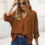 Zeagoo V-Neck Long Sleeve Buckle T-Shirt Plain Shirts Shirt Top Elegant Shirts Casual Slim Fit Basic