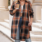 Zeagoo Plaid Longline Button-Up Shacket Lapel Neck Long Sleeve Shirt Pocket