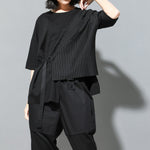 Fake Two-piece Straight Lace-up Striped Patchwork T-shirt