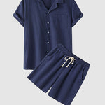 Men's solid color cotton-linen casual vacation short-sleeved shirt and shorts set