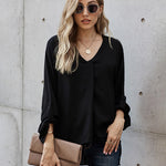 Zeagoo V-Neck Long Sleeve Buckle T-Shirt Plain Shirts Shirt Top Elegant Shirts Casual Slim Fit Basic