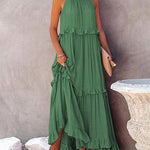 Zeagoo Women's Boho Long Solid Color Loose Sleeveless Halter Neck Ruffle Maxi Dresses