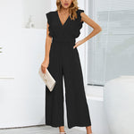 Zeagoo Women's Casual Loose Jumpsuit V Neck Sleeveless Solid Ruffle Pleated Wide-leg Long Playsuit with Belt