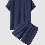 Men's solid color cotton-linen casual vacation short-sleeved shirt and shorts set