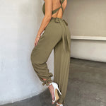 Zeagoo Women's Crisscross Tie Backless Halter Jumpsuit Deep V Neck Sleeveless Jumpsuits