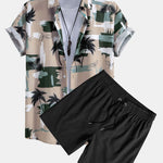 Palm Tree Color Block Print Button Up Shirt & Swim Shorts