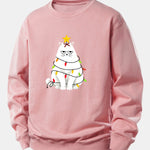 Christmas Lights White Cat Print Relax Fit Sweatshirt