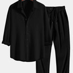 Long Sleeve Muscle Fit Ribbed Button Up Shirt & Straight Leg Ribbed Pants