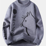 Japanese Cat Print Crew Neck Sweater