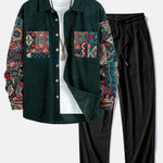 Ethnic Geometric Jacquard Patchwork Corduroy Shirt & Straight Leg Corduroy Pants