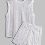 Men's sleeveless hollow textured knitted solid color casual set