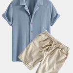 Textured Cuban Shirt & Linen Cotton Blend Drawstring Shorts