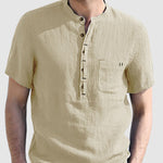 Men's cotton-linen Henley collar solid color short-sleeved shirt