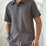 Men's Solid Color Textured Button-Down Short Sleeve Shirt