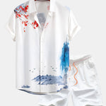 Oriental Ink Painting Button Up Shirt & Man Mid Length Drawstring Swim Shorts