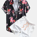 Floral Paint Button Up Shirt & Man Mid Length Drawstring Swim Shorts
