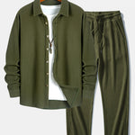 Long Sleeved Waffle Button Up Shirt & Drawstring Knitted Waffle Pants